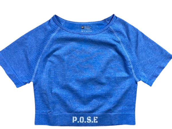 P.O.S.E Endurance Seamless Blue Sports Gym Crop Top Short Sleeves